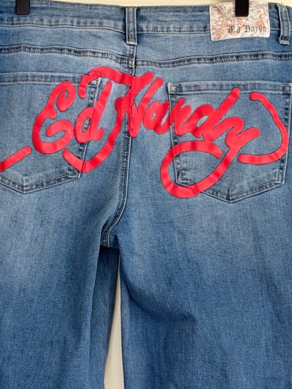 Y2K Style Ed Hardy Relaxed Fit Blue Denim Red Logo & Dragon Tattoo Art, 30 waist